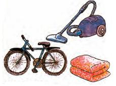 自転車、掃除機、布団のイラスト