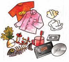 衣類、生ごみ、紙屑、歯ブラシとコップ、カセットテープ、ビデオテープ、CDのイラスト